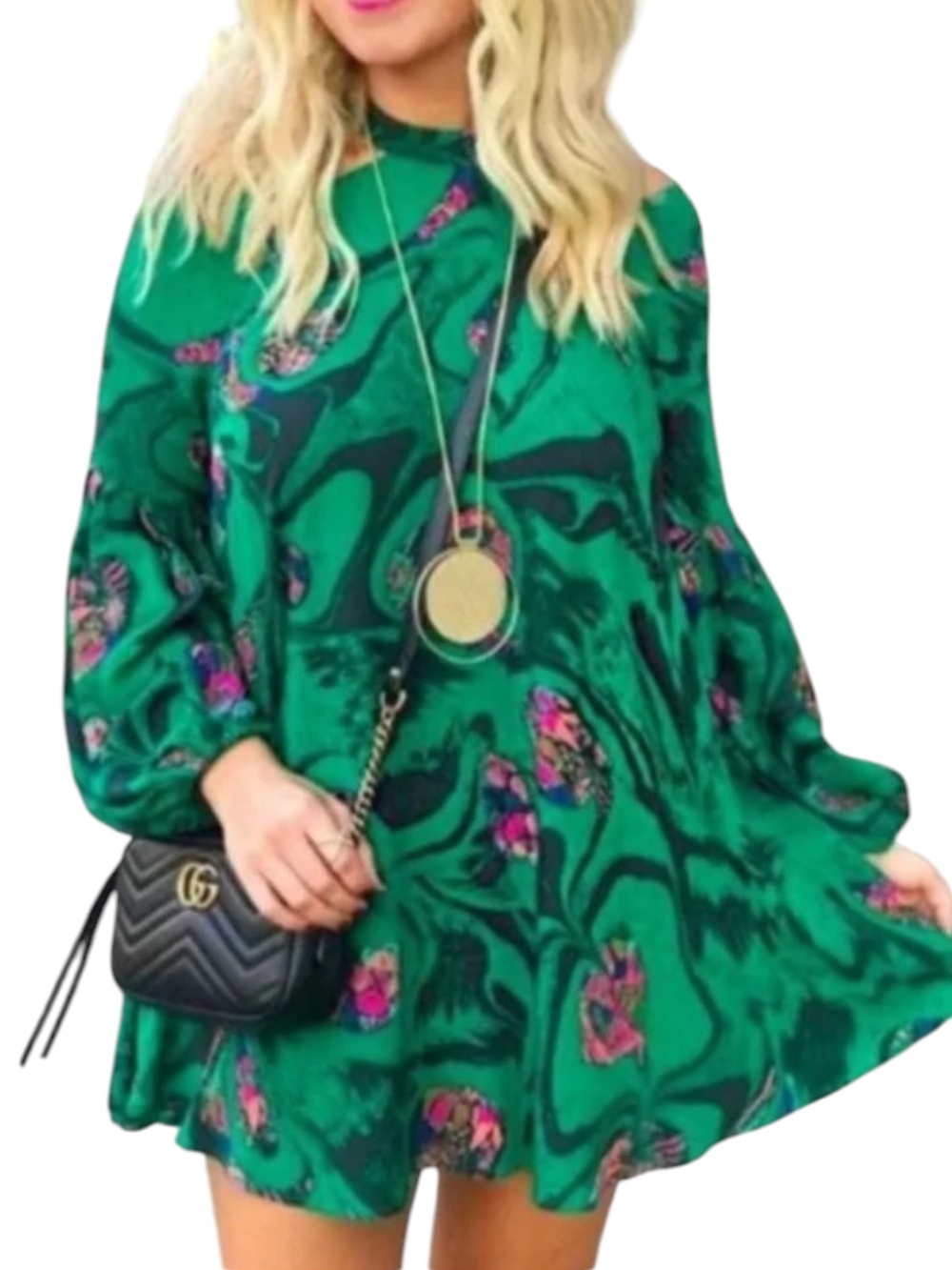 Free People Emerald Green/Pink Drift Away Cold Shoulder Tunic/Mini Dress